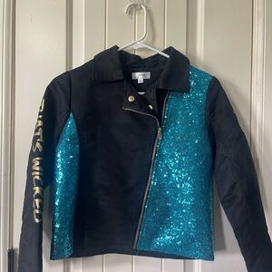 Disney Black and Teal Sequin Bomber Jacket with Gold Accents